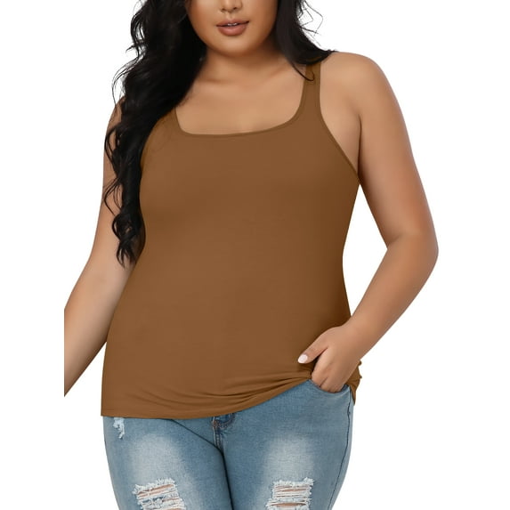 Sociala Plus Size Square Neck Slim Camisole For Women Adjustable Straps Stretch Tank Tops
