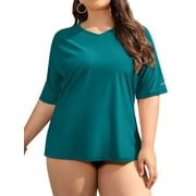 Sociala Plus Size Swimsuit for Women Solid UPF 50+ Rashguard Surfing Swim Shirt Top