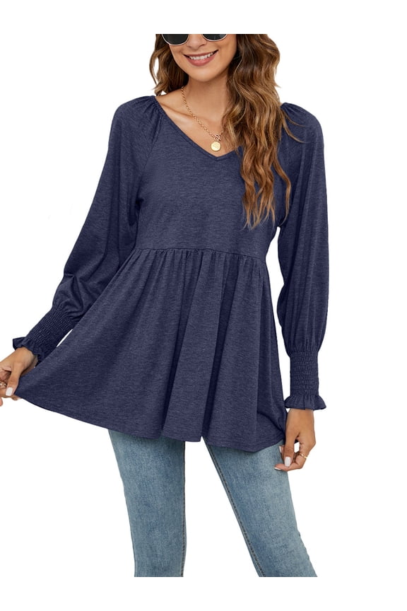Puff Sleeve Pleated Casual Tunic Tops for Women V Neck Flare Blouse Tops