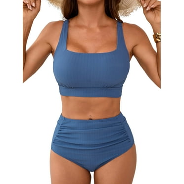 Sociala Ribbed High Waisted Bikini Sets for Womens Scoop Neck Wide Straps Bathing Suit