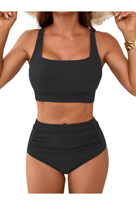 Ribbed High Waisted Bikini Sets for Womens Scoop Neck Wide Straps Bathing Suit