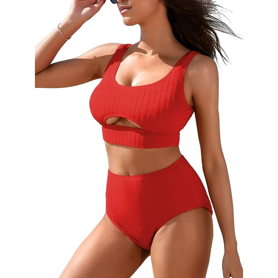 Sociala Ribbed Keyhole High Waisted Bikini Sets for Womens Tie Back Two Piece Swimwear