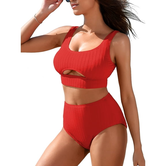 Sociala Ribbed Keyhole High Waisted Bikini Sets for Womens Tie Back Two Piece Swimwear
