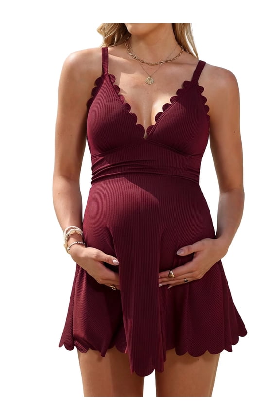 Ribbed Maternity Swimsuit One Piece Swim Dress Scalloped V Neck Pregnancy Bathing Suit Tie Back Swimwear