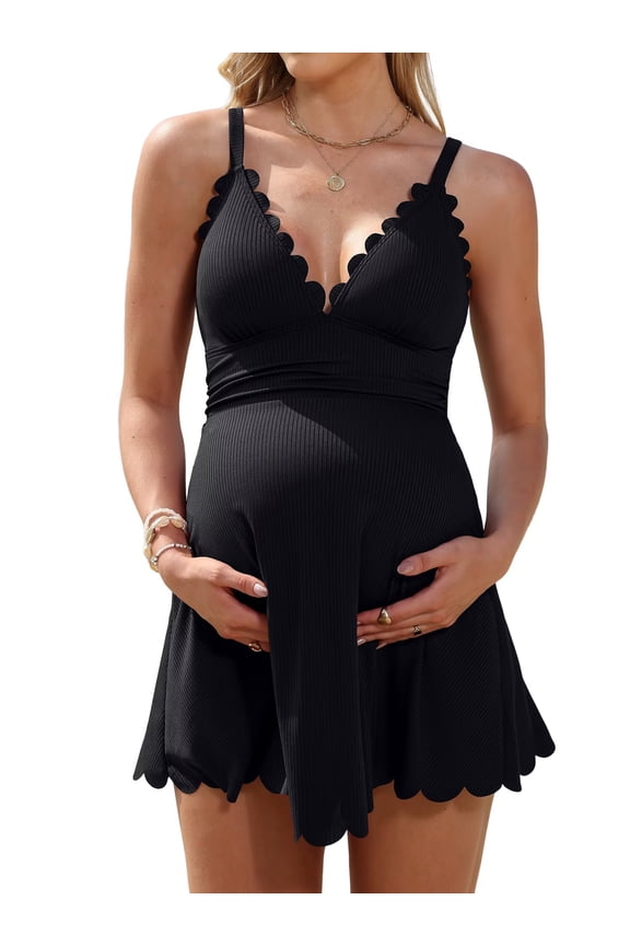 Ribbed Maternity Swimsuit One Piece Swim Dress Scalloped V Neck Pregnancy Bathing Suit Tie Back Swimwear