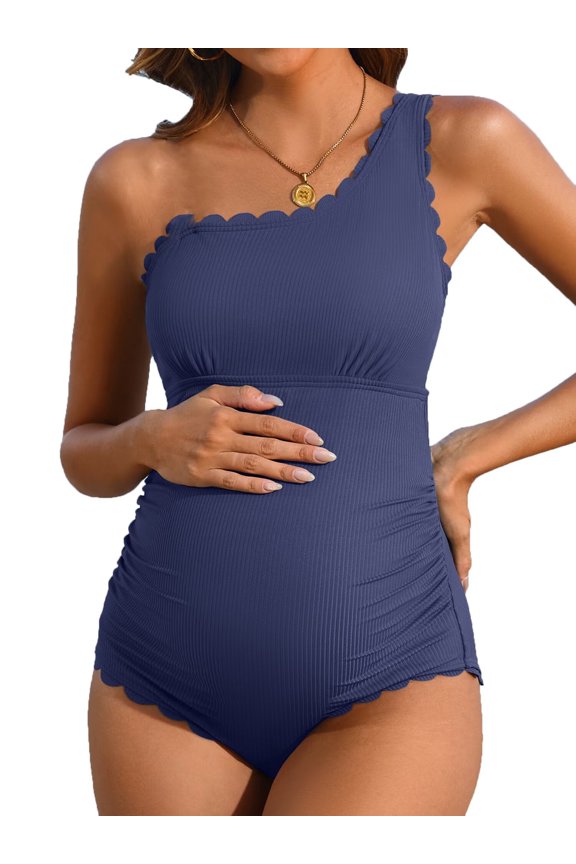 Ribbed Maternity Swimsuit Scalloped One Shoulder Bathing Suit Ruched Pregnancy Swimwear