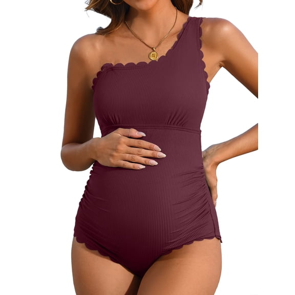 Sociala Ribbed Maternity Swimsuit Scalloped One Shoulder Bathing Suit Ruched Pregnancy Swimwear