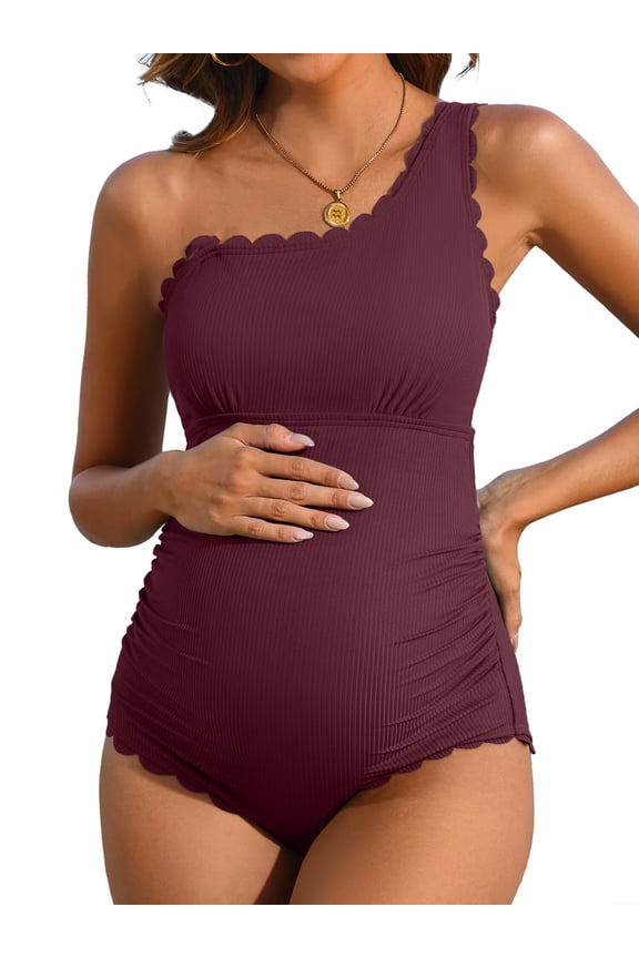 Ribbed Maternity Swimsuit Scalloped One Shoulder Bathing Suit Ruched Pregnancy Swimwear