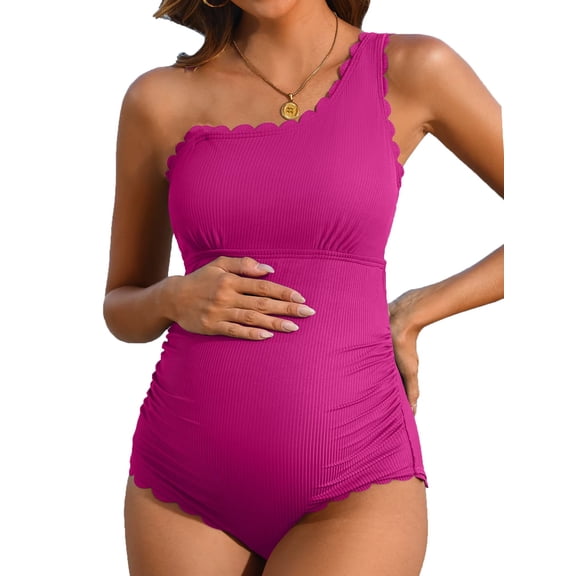 Sociala Ribbed Maternity Swimsuit Scalloped One Shoulder Bathing Suit Ruched Pregnancy Swimwear