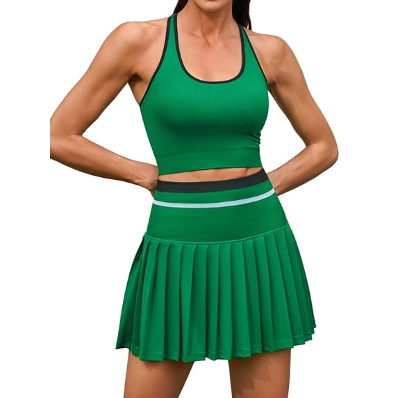 Sociala Ribbed Two Piece Tennis Sets Racerback Tops Pleated Skirts Athletic Golf Sets