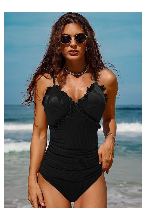 Ruffle-Trim Beach Swimwear Bathing Suits Monkini For Women Tie Back One Piece Swimsuit