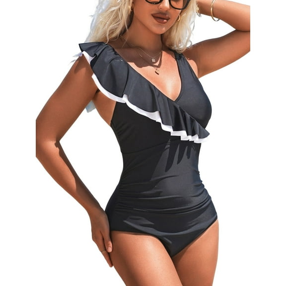 Sociala Ruffled V Neck Swimwear for Womens Tummy Control One Piece Bath Suit