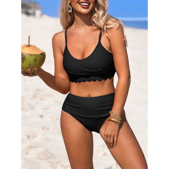 Sociala Scallop Trim Bikini Sets for Womens V Neck Two Piece Swimsuit with Ruched Bottoms