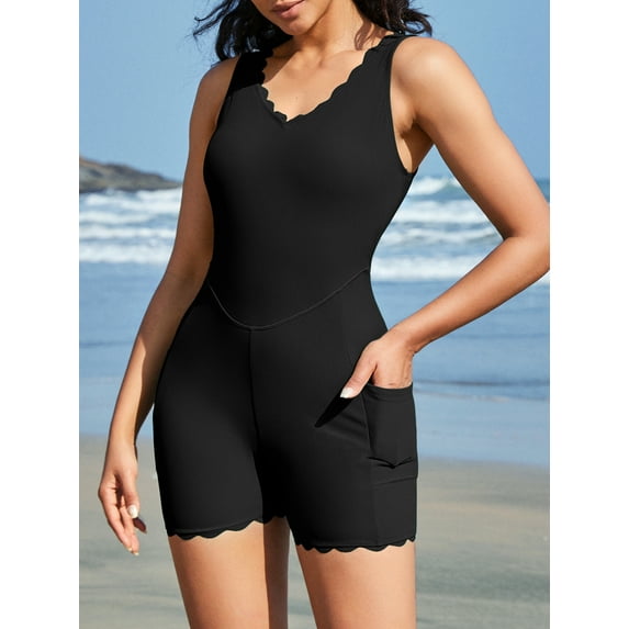 Sociala Scallop Trim One Piece Sport Swimsuit for Womens Wide Straps V Neck Bath Suit with Pockets