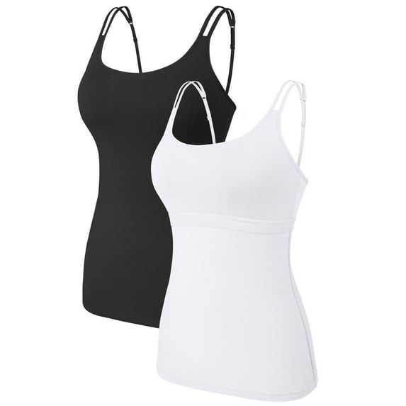 Sociala Scoop Neck Cotton Tank Tops for Womens Built-in Shelf Bra Camisole 2-Packs