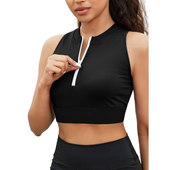 Sociala Solid Zipper Swim Tops for Womens Racerback Bikini Tops Built-in Bra