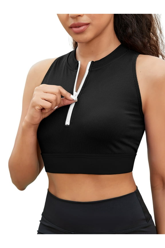Solid Zipper Swim Tops for Womens Racerback Bikini Tops Built-in Bra