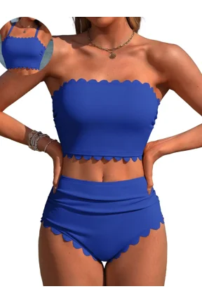 Strapless High Waisted Bikini Sets for Women Tummy Control Scallop Ribbed Bandeau Swimsuit Lace up Bathing Suits