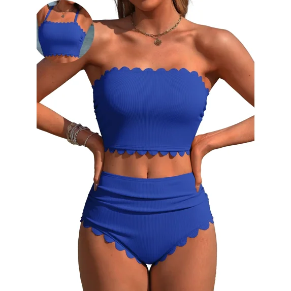 Sociala Strapless High Waisted Bikini Sets for Women Tummy Control Scallop Ribbed Bandeau Swimsuit Lace up Bathing Suits