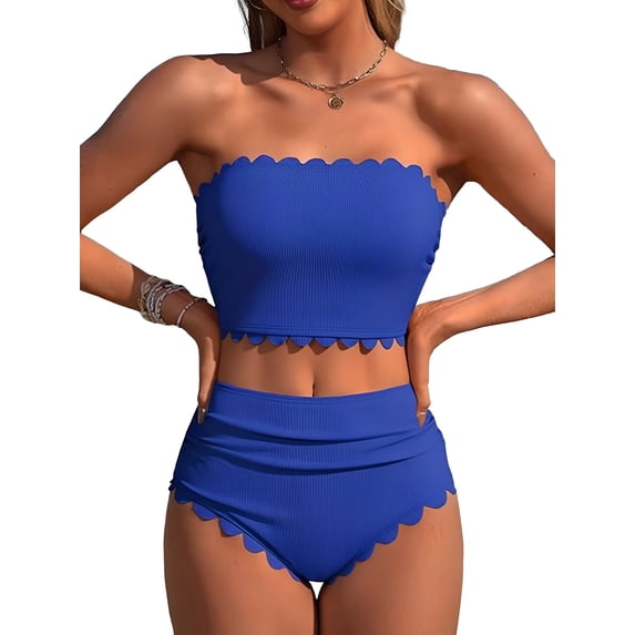 Sociala Strapless High Waisted Bikini Sets for Women Tummy Control Scallop Ribbed Bandeau Swimsuit Lace up Bathing Suits