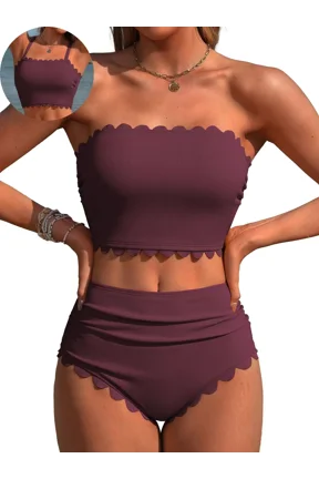 Strapless High Waisted Bikini Sets for Women Tummy Control Scallop Ribbed Bandeau Swimsuit Lace up Bathing Suits