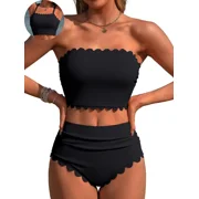 Sociala Strapless High Waisted Bikini Sets for Women Tummy Control Scallop Ribbed Bandeau Swimsuit Lace up Bathing Suits