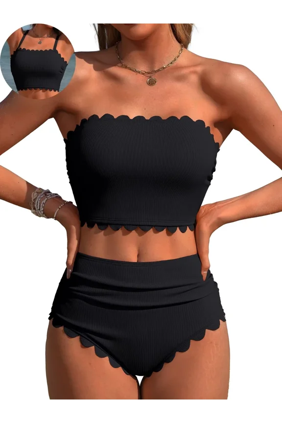 Strapless High Waisted Bikini Sets for Women Tummy Control Scallop Ribbed Bandeau Swimsuit Lace up Bathing Suits