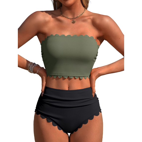 Sociala Strapless High Waisted Bikini Sets for Women Tummy Control Scallop Ribbed Bandeau Swimsuit Lace up Bathing Suits