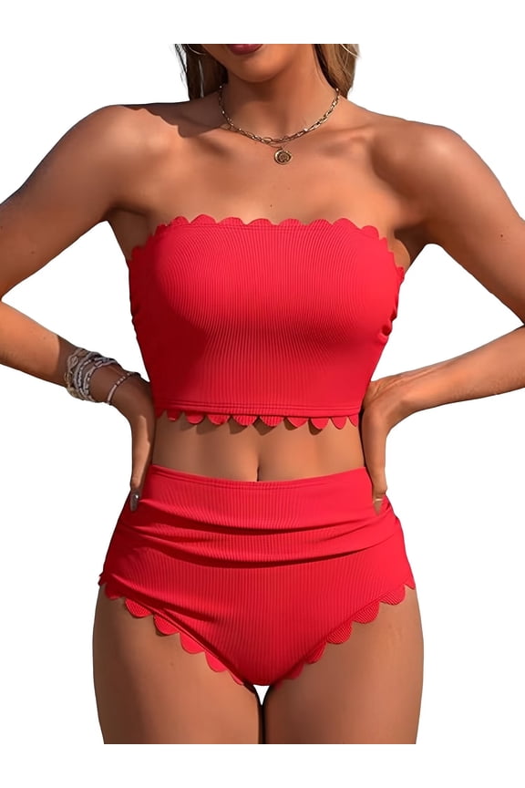 Strapless High Waisted Bikini Sets for Women Tummy Control Scallop Ribbed Bandeau Swimsuit Lace up Bathing Suits