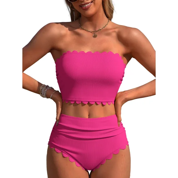 Sociala Strapless High Waisted Bikini Sets for Women Tummy Control Scallop Ribbed Bandeau Swimsuit Lace up Bathing Suits