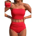 thumbnail image 1 of Sociala Strapless High Waisted Bikini Sets for Women Tummy Control Scallop Ribbed Bandeau Swimsuit Lace up Bathing Suits, 1 of 11