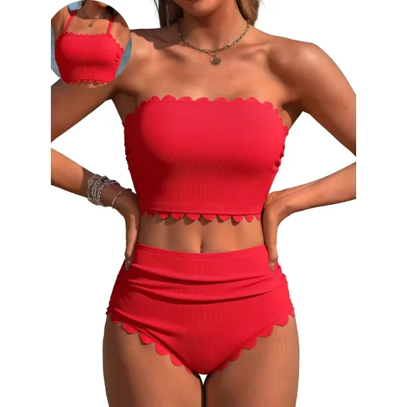 Sociala Strapless High Waisted Bikini Sets for Women Tummy Control Scallop Ribbed Bandeau Swimsuit Lace up Bathing Suits