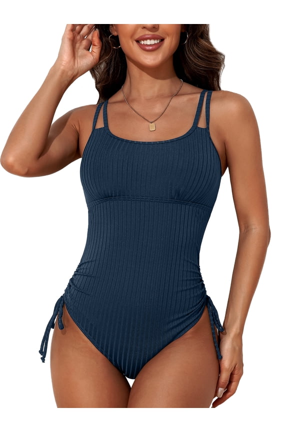 Tie Side One Piece Monokini Swimwear Double Straps Bath Suit Tummy Control Swimsuit