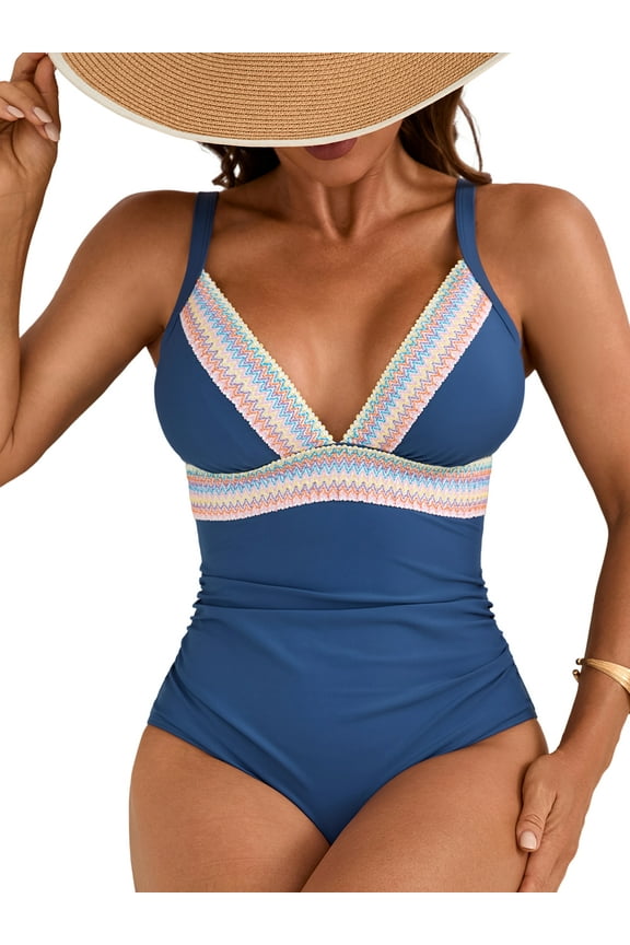 Tummy Control One Piece Swimsuit for Womens V Neck Retro Bath Siuit