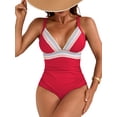thumbnail image 1 of Sociala Tummy Control One Piece Swimsuit for Womens V Neck Retro Bath Siuit, 1 of 5