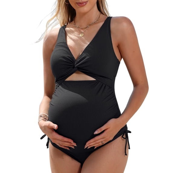 Sociala Twisted V Neck Ribbed Maternity Swimsuit Tie Side One Piece Pregnancy Bathing Suits