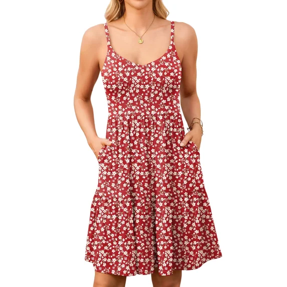 Sociala V Neck Cami Dresses for Womens Adjustable Strap Summer Dress with Pockets Built-in Bra Vacation Party Dress