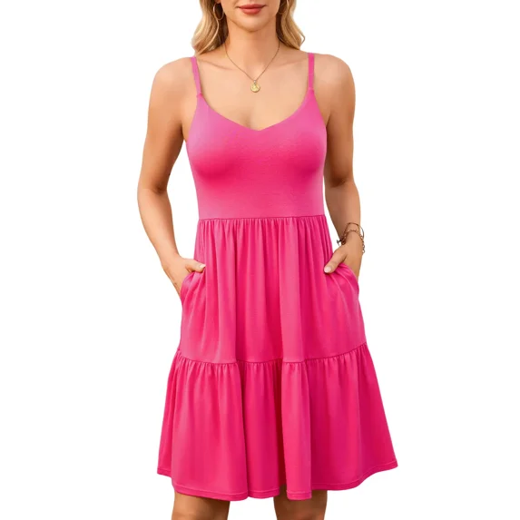 Sociala V Neck Cami Dresses for Womens Adjustable Strap Summer Dress with Pockets Built-in Bra Vacation Party Dress