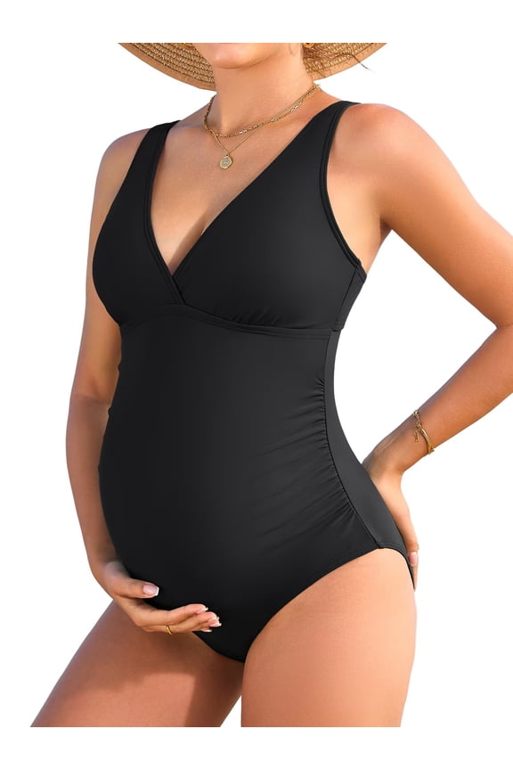 V Neck Maternity Swimsuit Ruched Side One Piece Pregnancy Bathing Suits Hollow Out Swimwear