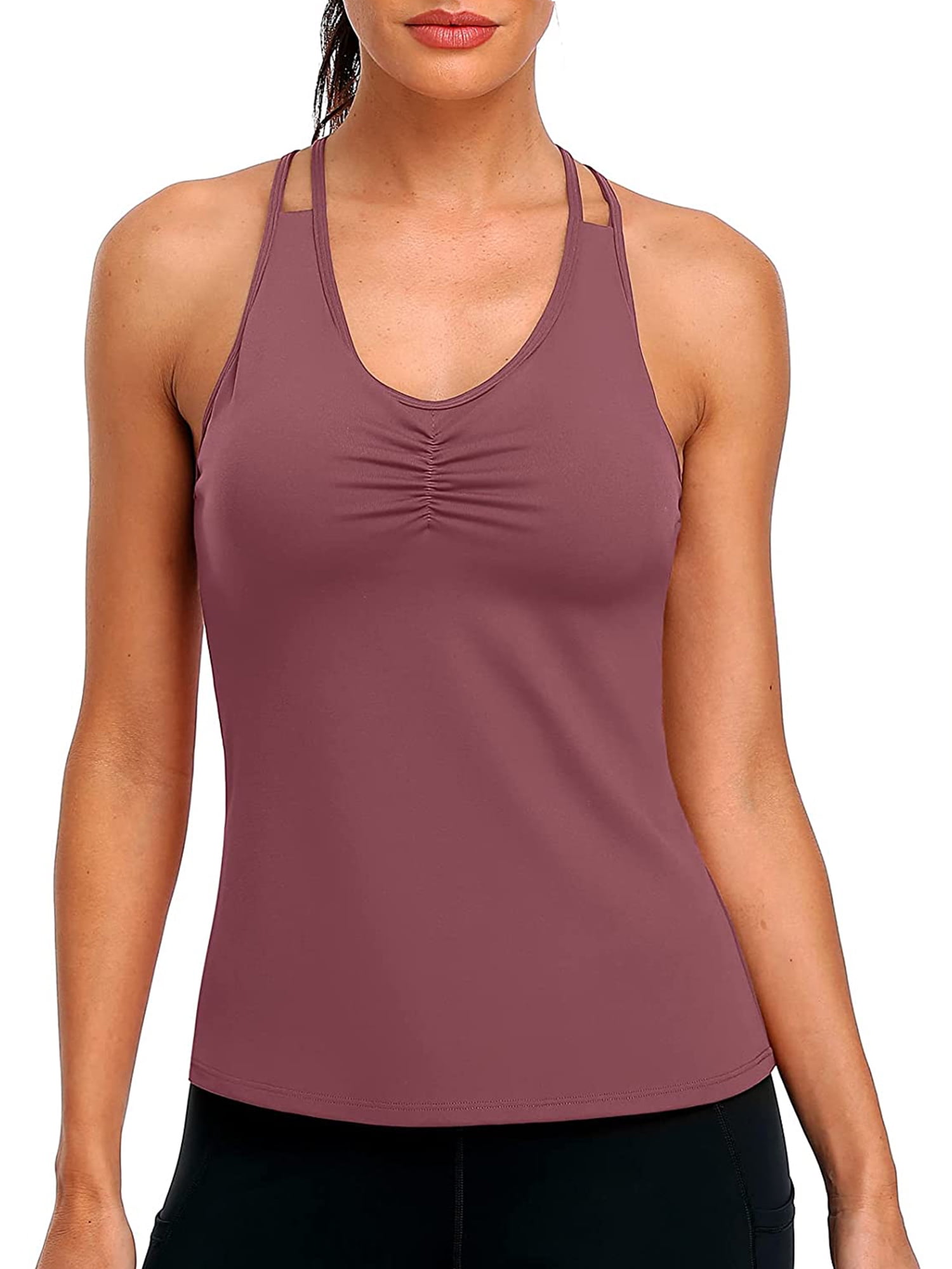 Sociala V Neck Two Cross Straps Ruched Yoga Tank Top With Shelf