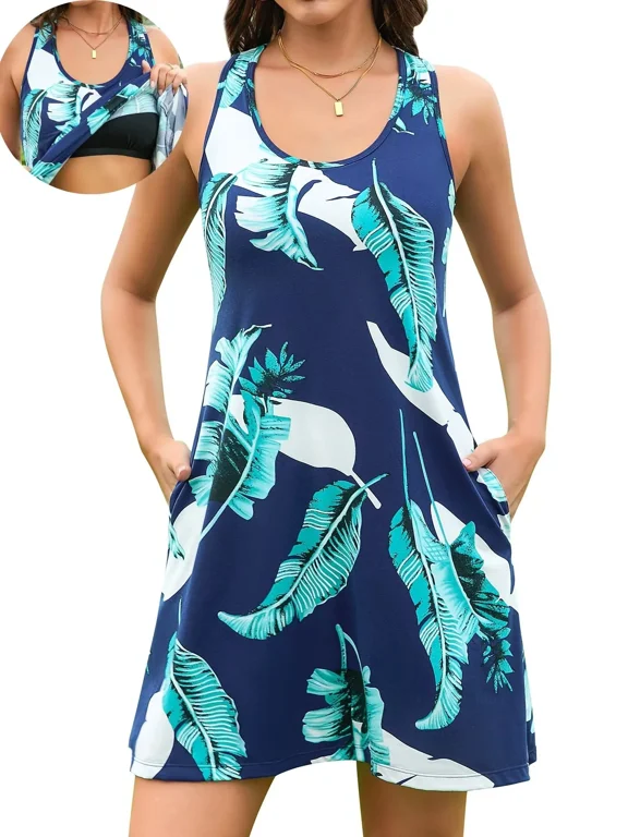 Women Built in Bra Summer Dresses with Pockets Beach Sundress Casual Loose Sleeveless Racerback Tank Dress