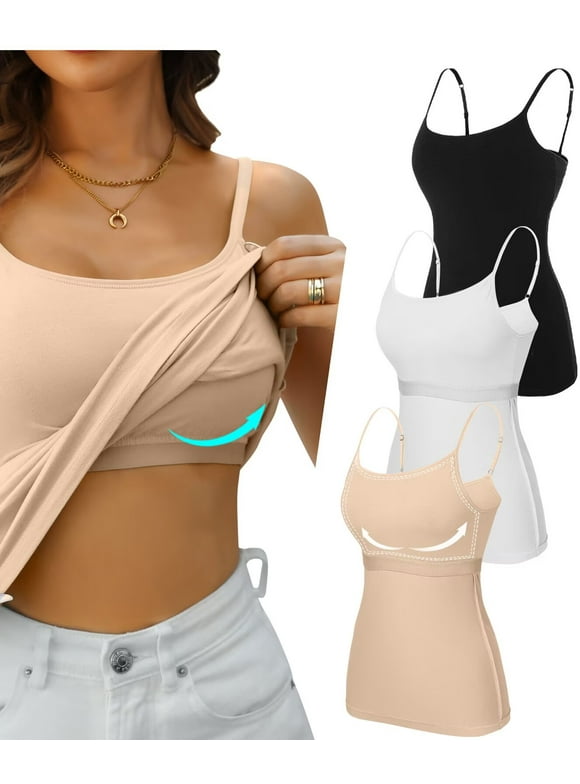 Women Cotton Camisole Shelf Bra Cami Adjustable Spaghetti Strap Tank Top 3-Pack