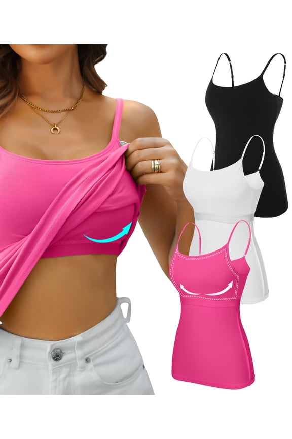 Women Cotton Camisole Shelf Bra Cami Adjustable Spaghetti Strap Tank Top 3-Pack