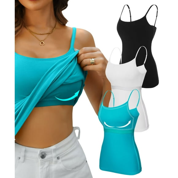 Women Cotton Camisole Shelf Bra Cami Adjustable Spaghetti Strap Tank Top 3-Pack