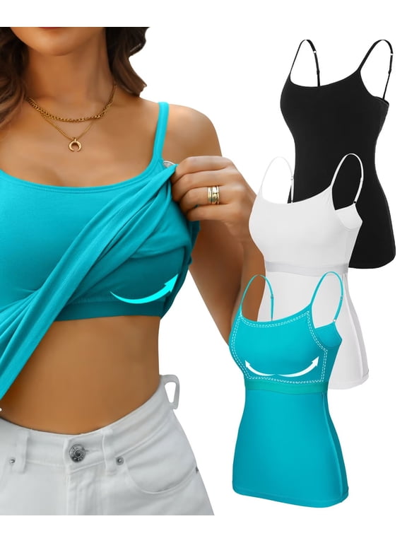 Women Cotton Camisole Shelf Bra Cami Adjustable Spaghetti Strap Tank Top 3-Pack