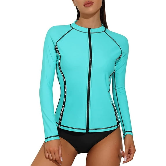 Sociala Women Full Zipper Rash Guard Long Sleeve Color Blocked Swimsuits UOP 50+