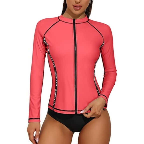 Sociala Women Full Zipper Rash Guard Long Sleeve Color Blocked Swimsuits UOP 50+
