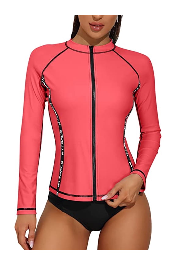 Women Full Zipper Rash Guard Long Sleeve Color Blocked Swimsuits UOP 50+