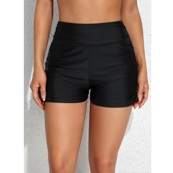 Sociala Women's Black High Rise Swim Shorts Ruched Board Shorts Bikini Tankini Swim Bottos