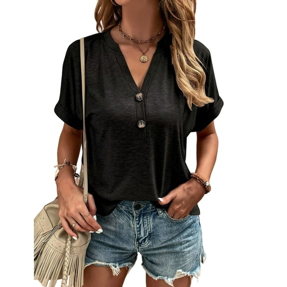Sociala Women's Casual Short Sleeve T-Shirts V Neck Button Up Tunic Tops